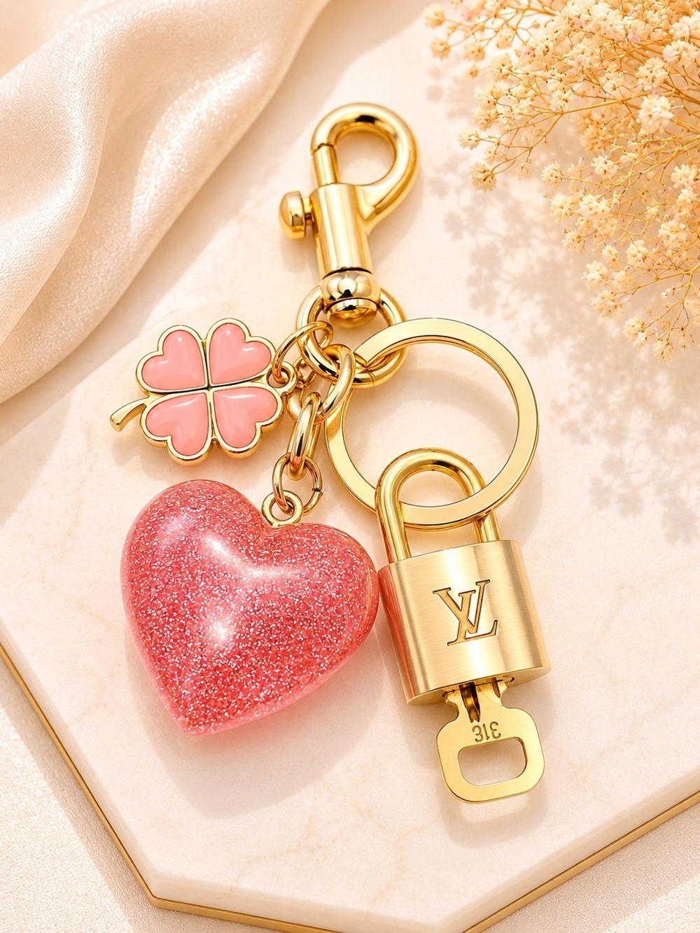 Authentic Louis Vuitton Gold Padlock 🔐 + Gold-Tone Pink Heart & Clover Charm